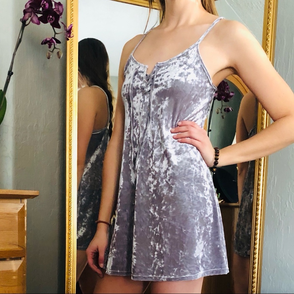 Silver Crushed Velvet Lace Up Dress - Picture 2 of 11